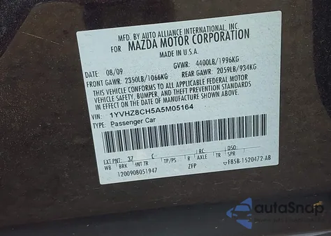 2010 Mazda Mazda6 I Touring z USA, uszkodzony, nr VIN 1YVHZ8CH5A5M05164